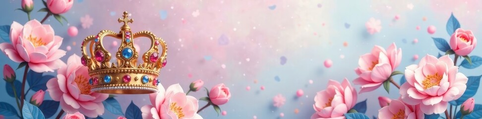 Obraz premium Royal gold crown with jewels on a soft pink and blue floral background, regal, purple