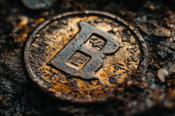 close-up of a weathered coin with a prominent "B" symbol, partially eroded and resting on a rugged, earthy surface. The texture and lighting highlight its aged and corroded state