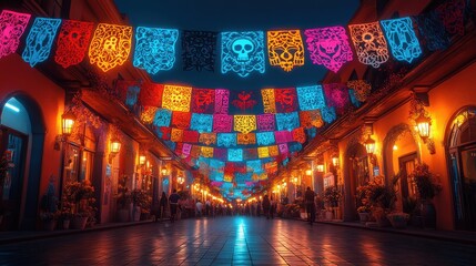 Vibrant Animated Scene of Papel Picado Flags Hanging in Street