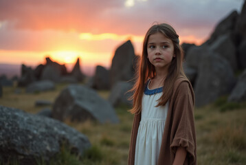 Girl in contemplative expression at sunset with boulders and colorful sky
