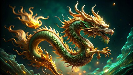 Fototapeta premium Golden Dragon Flying Animation, 3D Render, Green Black Background, Food Photography Concept