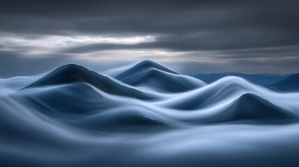 Obraz premium Misty mountain peaks, surreal landscape, dramatic cloudscape.