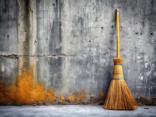 Gray Concrete Wall with Leaning Broom - Architectural Stock Photo