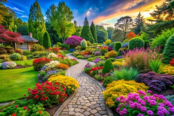Fototapeta premium Lush Garden Landscape Design with Ample Copy Space - Perfect for Home Improvement Blogs