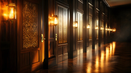 Luxurious wooden saloon doors with polished finishes and warm lighting create elegant atmosphere
