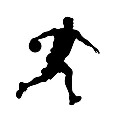 Obraz premium Basketball Player Jumping to Shoot Silhouette, Silhouette of a basketball player leaping to shoot the ball, emphasizing athleticism, movement, and action against a white background.