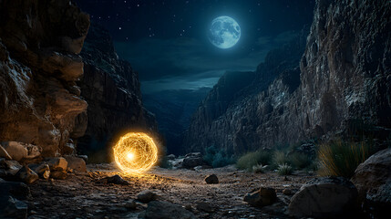 glowing orb illuminates rocky canyon under starry night sky