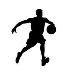 Fototapeta premium Basketball Player Jumping to Shoot Silhouette, Silhouette of a basketball player leaping to shoot the ball, emphasizing athleticism, movement, and action against a white background.