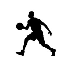 Basketball Player Jumping to Shoot Silhouette, Silhouette of a basketball player leaping to shoot the ball, emphasizing athleticism, movement, and action against a white background.

