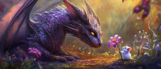 Purple dragon and mouse sharing a flower in a magical forest. © batara