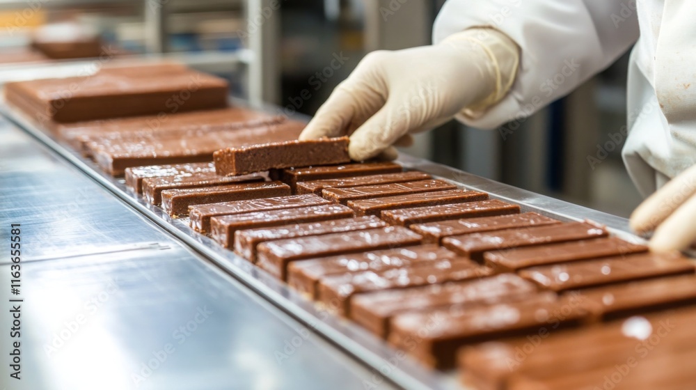 Poster a worker in a white coat and gloves meticulously arranges freshly made chocolate bars on a stainless