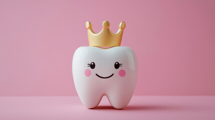 Cute cartoon tooth with a golden crown on a pink background, representing dental health and children's oral care, bringing joy and fun to brushing teeth.