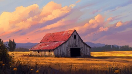 Rustic barn at sunset in a golden field.