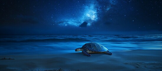 Obraz premium Turtle on a beach at night under a starry sky.