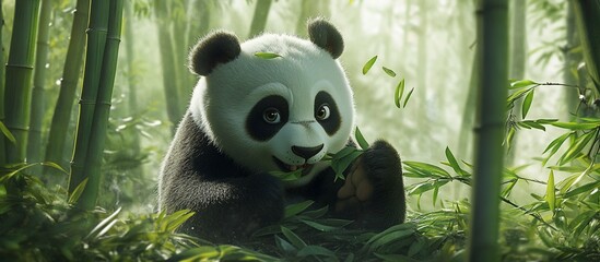 Obraz premium Cute panda eating bamboo in a lush bamboo forest.