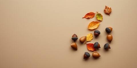 Autumnal Arrangement of Acorns and Colorful Leaves on a Neutral Background