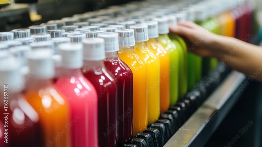 Poster Brightly colored bottles of juice are neatly arranged on a production line. A worker inspects the bottles, ensuring quality and consistency.