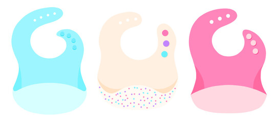 Baby bibs vector set of illustration. Baby nutrition, toddler feeding, first food. Flat design