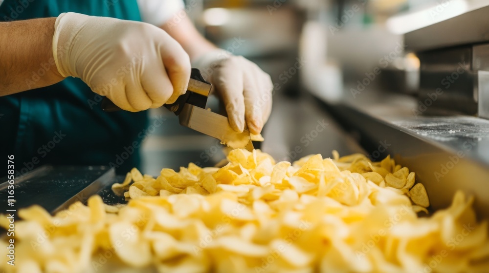 Poster hands wearing gloves are cutting and shaping potato slices on a busy production line. the focus is o