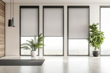 Obraz premium Interior features large automatic blackout shades modern wood paneling hi tech plant pot
