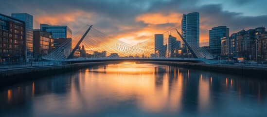 Dublin city skyline at sunrise over the river Liffey.