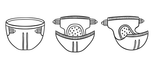 Baby diapers line drawing, outline. Diapers different angles, diaper changing, infant hygiene