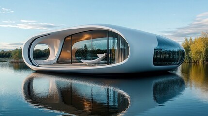 Obraz premium Futuristic, floating house on a tranquil lake, modern architecture, smooth curves, glass walls, serene, 