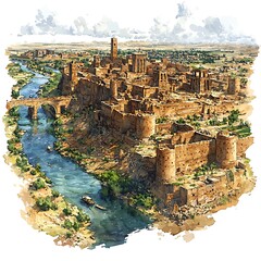 Obraz premium Aerial Watercolor Painting of an Ancient Mesopotamian City with River and Bridge.