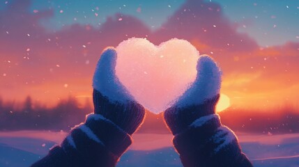 Obraz premium Hands holding a glowing heart-shaped snowball at winter sunset.