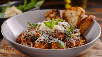 Fototapeta premium traditional Italian pasta dish with spaghetti, marinara sauce, Parmesan cheese, and fresh basil, served in a white bowl with olive oil and garlic bread, set against a rustic kitchen backdrop.