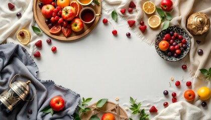 A flat lay of a Ramadan table adorned with dates and a lantern, creating a festive Ramadan Kareem atmosphere