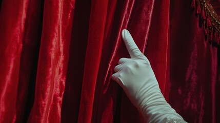 A gloved hand elegantly parts a rich red curtain, inviting viewers into a world of mystery and anticipation.