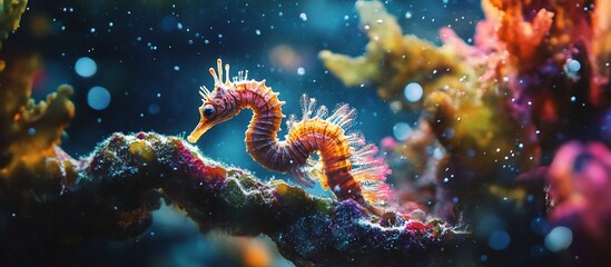 Fototapeta premium Colorful pygmy seahorse on vibrant coral reef.