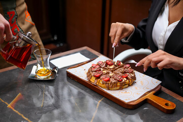 Enjoying a delicious dessert with a refreshing drink at a cafe