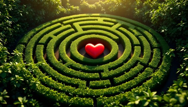 A red heart at the heart of a maze, symbolizing the challenging journey of love within a labyrinth