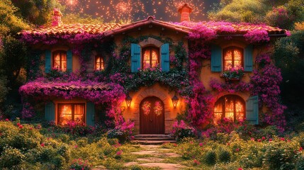 Fototapeta premium Animated Characters Celebrating in a Colorful Garden Villa Scene