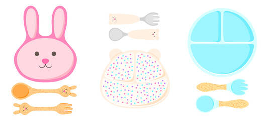 Kids tableware, baby cutlery vector set of illustrations. Dishware for children, utensils