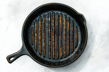 Isolated top view of an empty cast iron frying pan on a white background