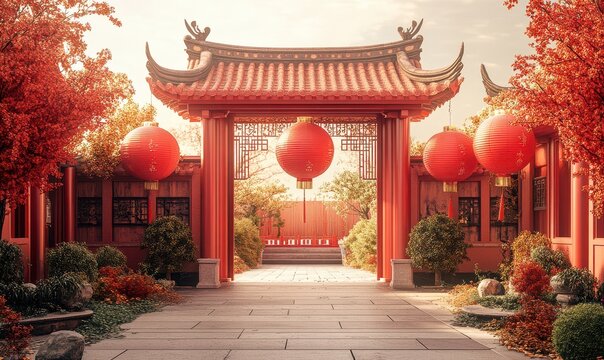Traditional Chinese temple autumn festival or chinese new year gate  background