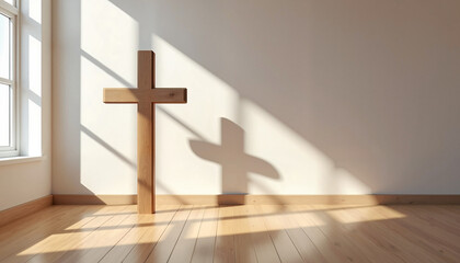 Wooden cross casting shadow in bright room