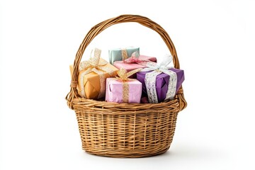 Isolated white background with a gift filled wicker basket