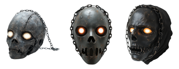 Dark Skull Collection with Chains and Glowing Eyes on Background