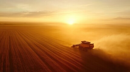 A combine harvester working in a golden field at sunset, creating a dusty haze.