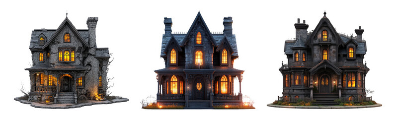 Collection of Isolated Haunted Houses on Transparent Background