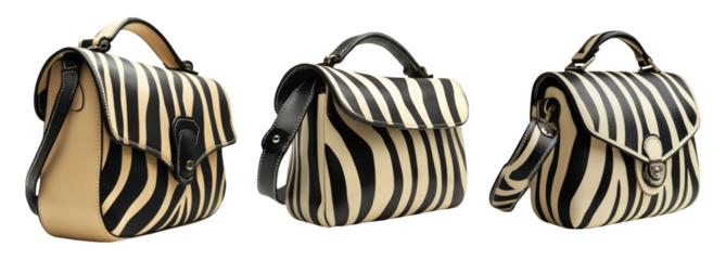 Stylish Zebra Striped Handbag Collection on Transparent Background