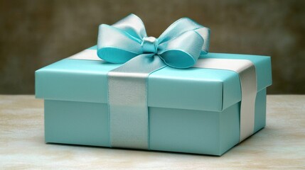 Obraz premium A Beautifully Wrapped Light Blue Gift Box with a Delicate Silver and Light Blue Ribbon Bow