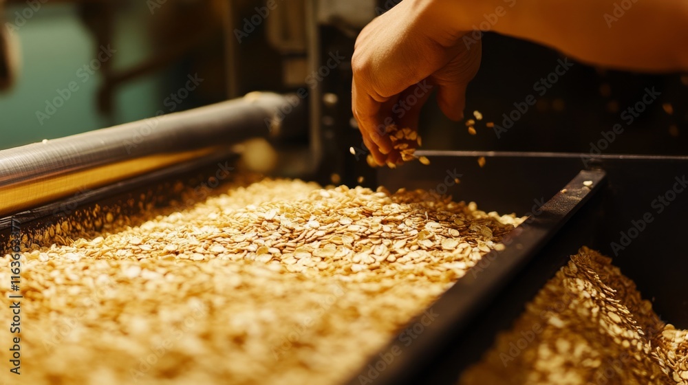 Aufkleber hands carefully sort through piles of oats on a production line in a food processing facility, ensur