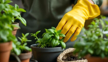 A woman in yellow gloves carefully tends to her plants, nurturing her garden for plant-based food