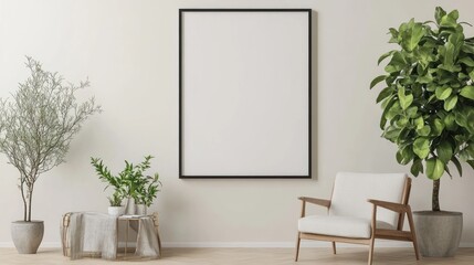 Modern Minimalist Living Room Interior Design with Empty Frame, Plants, and Chair