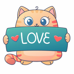 Playful cartoon cat holding love sign digital artwork whimsical style indoor setting front view heartfelt concept